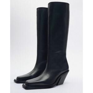 NEW Zara x Kaia Gerber Black Leather Knee High Cowboy Boots Square Toe 9